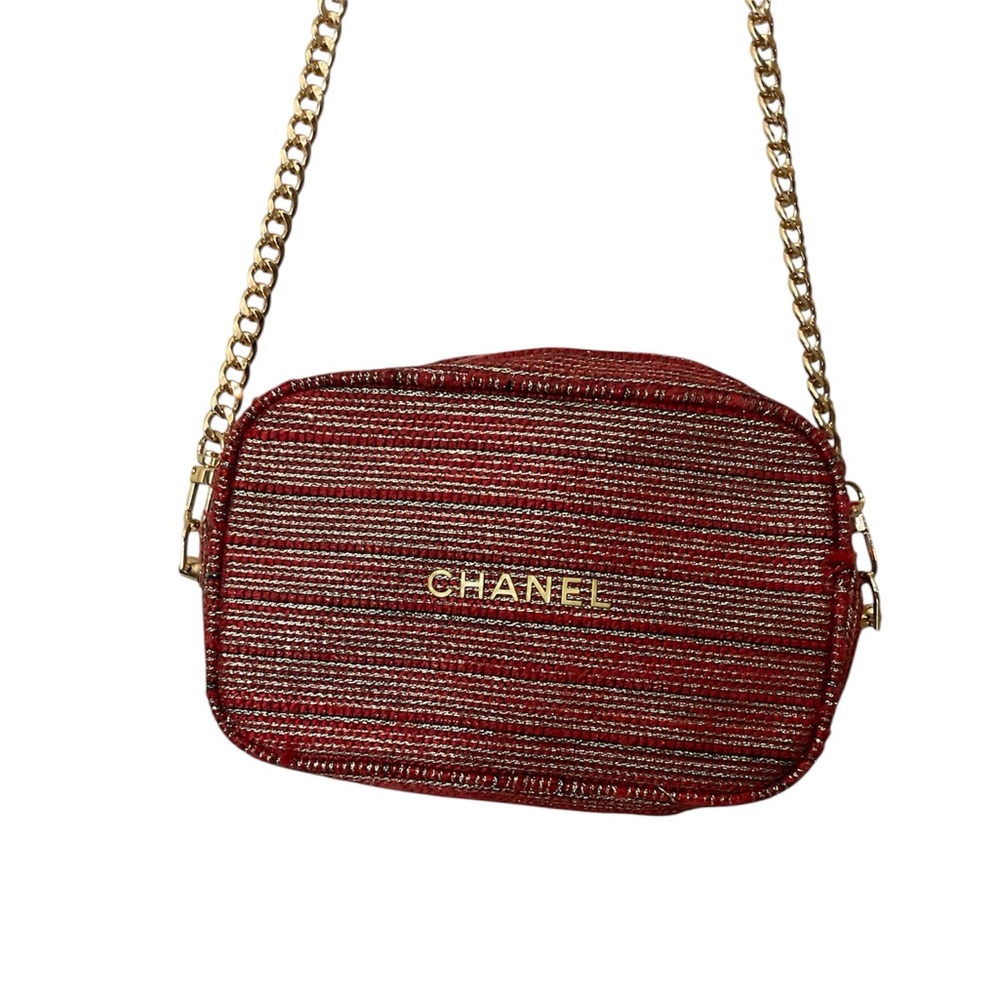 Authentic Chanel 2022 Red Gold Tweed Holiday Beauty Pouch Converted Crossbody